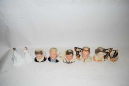 SIX SMALL ROYAL DOULTON CHARACTER JUGS TO INCLUDE GEORGE VI, QUEEN ELIZABETH II CORINATION AND