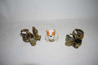 ROYAL DOULTON MODEL OF A BULL DOG TOGETHER WITH VARIOUS SMALL GLASS CHARACTER JUGS AND SMALL BRASS