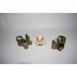 ROYAL DOULTON MODEL OF A BULL DOG TOGETHER WITH VARIOUS SMALL GLASS CHARACTER JUGS AND SMALL BRASS