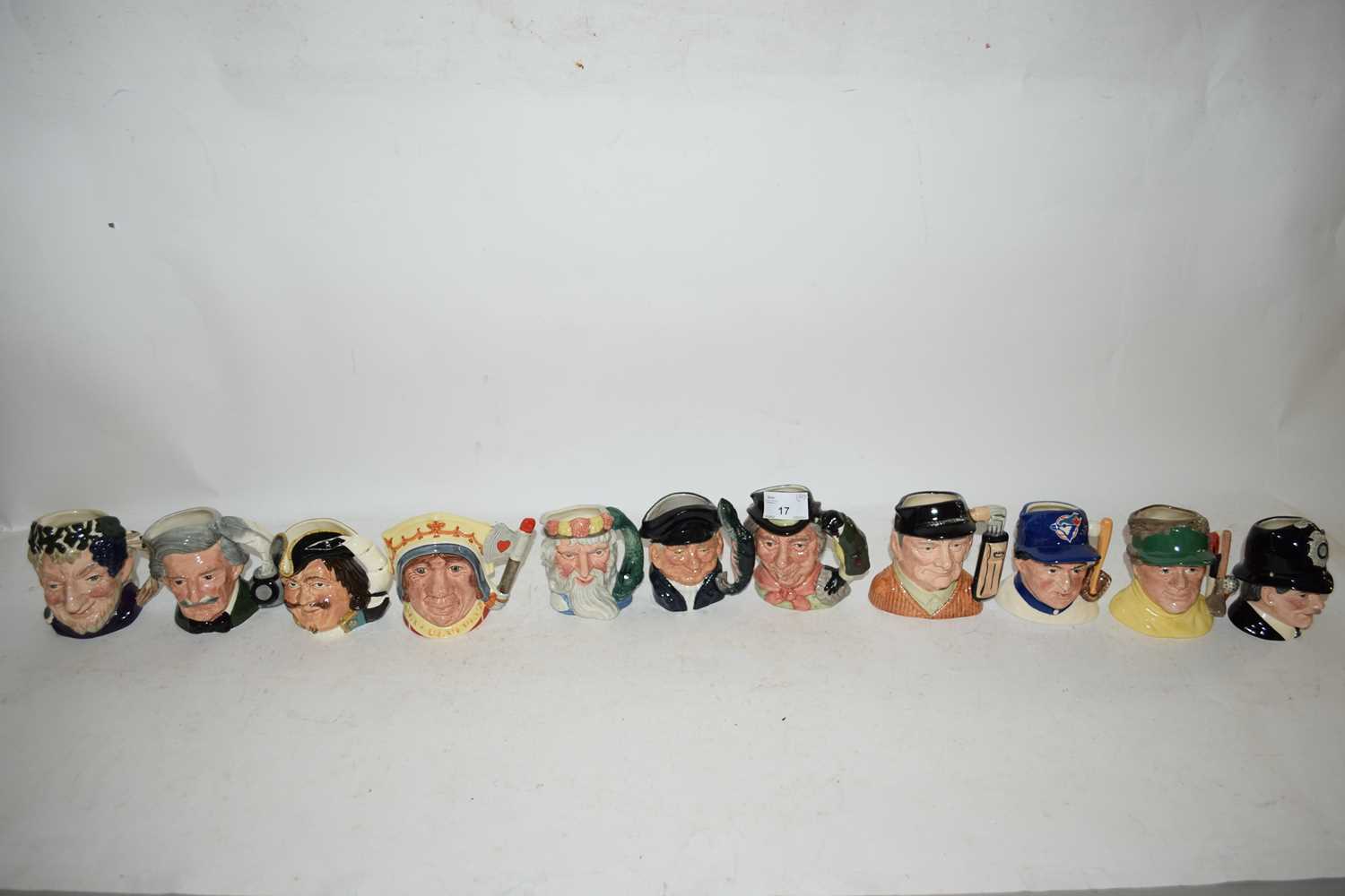 ELEVEN SMALL ROYAL DOULTON CHARACTER JUGS TO INCLUDE THE WALRUS AND CARPENTER, THE GOLFER,