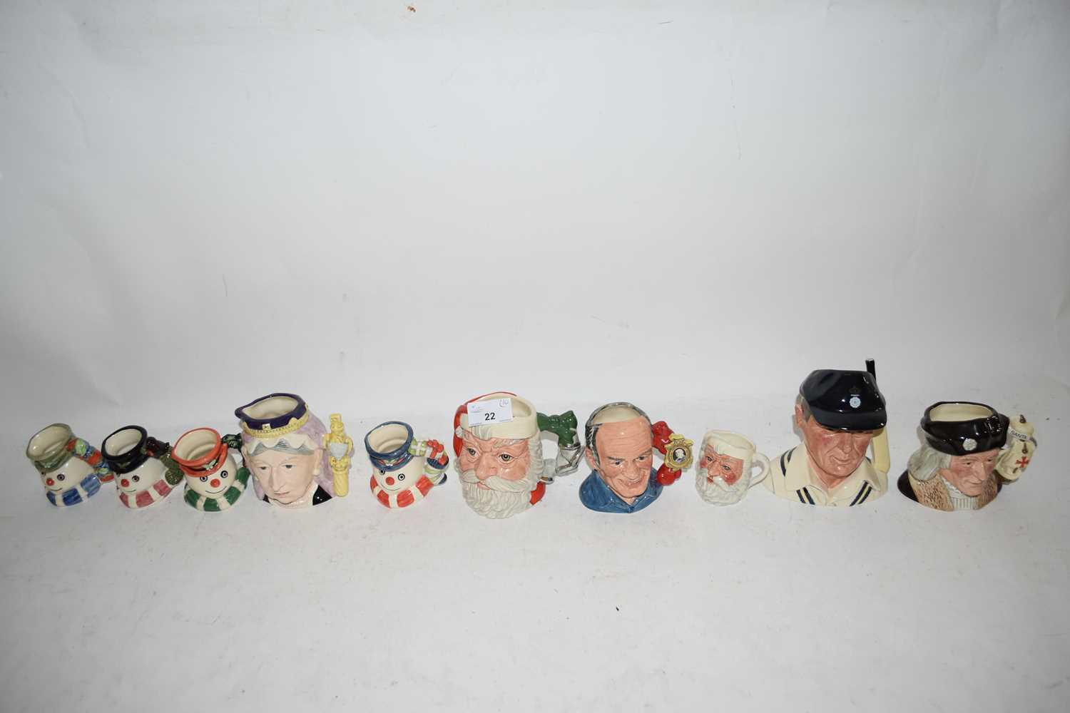 TEN SMALL ROYAL DOULTON CHARACTER JUGS TO INCLUDE CHRISTMAS EDITIONS