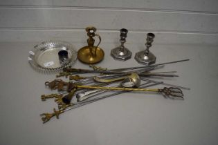 CANDLESTICKS, BRASS TOPPED SKEWERS, FIRE TOOLS ETC