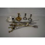 CANDLESTICKS, BRASS TOPPED SKEWERS, FIRE TOOLS ETC