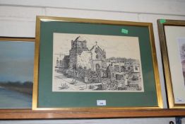 BLACK AND WHITE PRINT LABAHIA GOLIAD BUILT 1749, FRAMED AND GLAZED