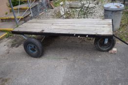 Vintage three-wheeled metal cart, the bed approx 180cm x 78cm