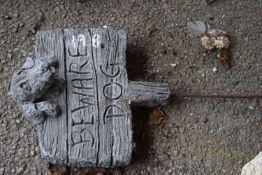 Composite garden statue, Beware of the Dog sign, total height 66cm