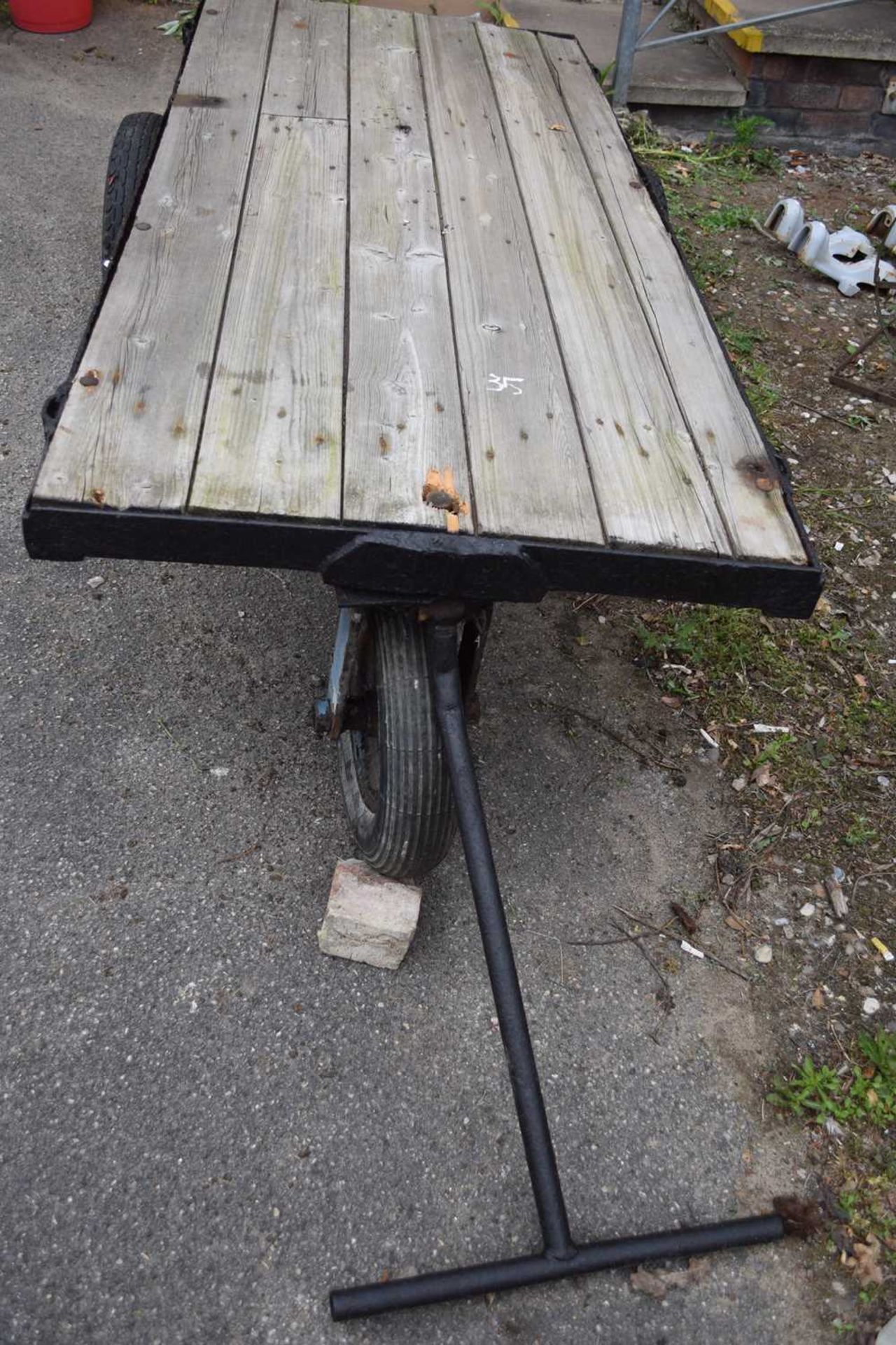 Vintage three-wheeled metal cart, the bed approx 180cm x 78cm - Image 2 of 3