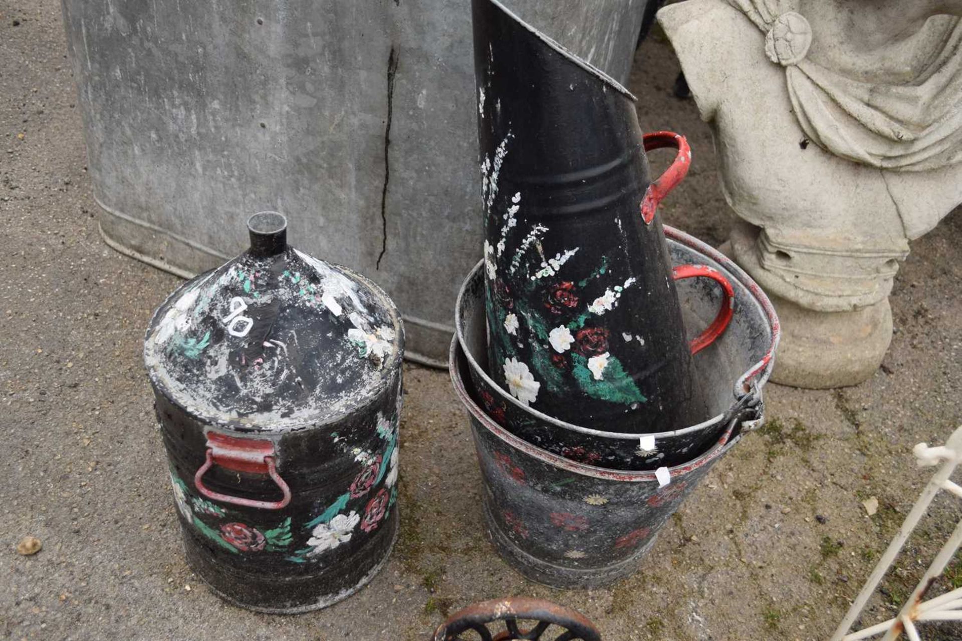 Set of various painted galvanised items to include buckets, coal scuttles etc