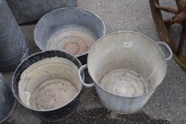 Three galvanised and tin buckets