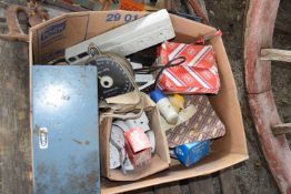 Box of shed clearance items to include sockets, screws etc