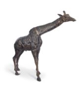 A contemporary bronzed metal model of a giraffe with outstretched neck, 189cm high