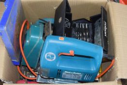 Box of various domestic hand tools to include jigsaws, drill bits etc