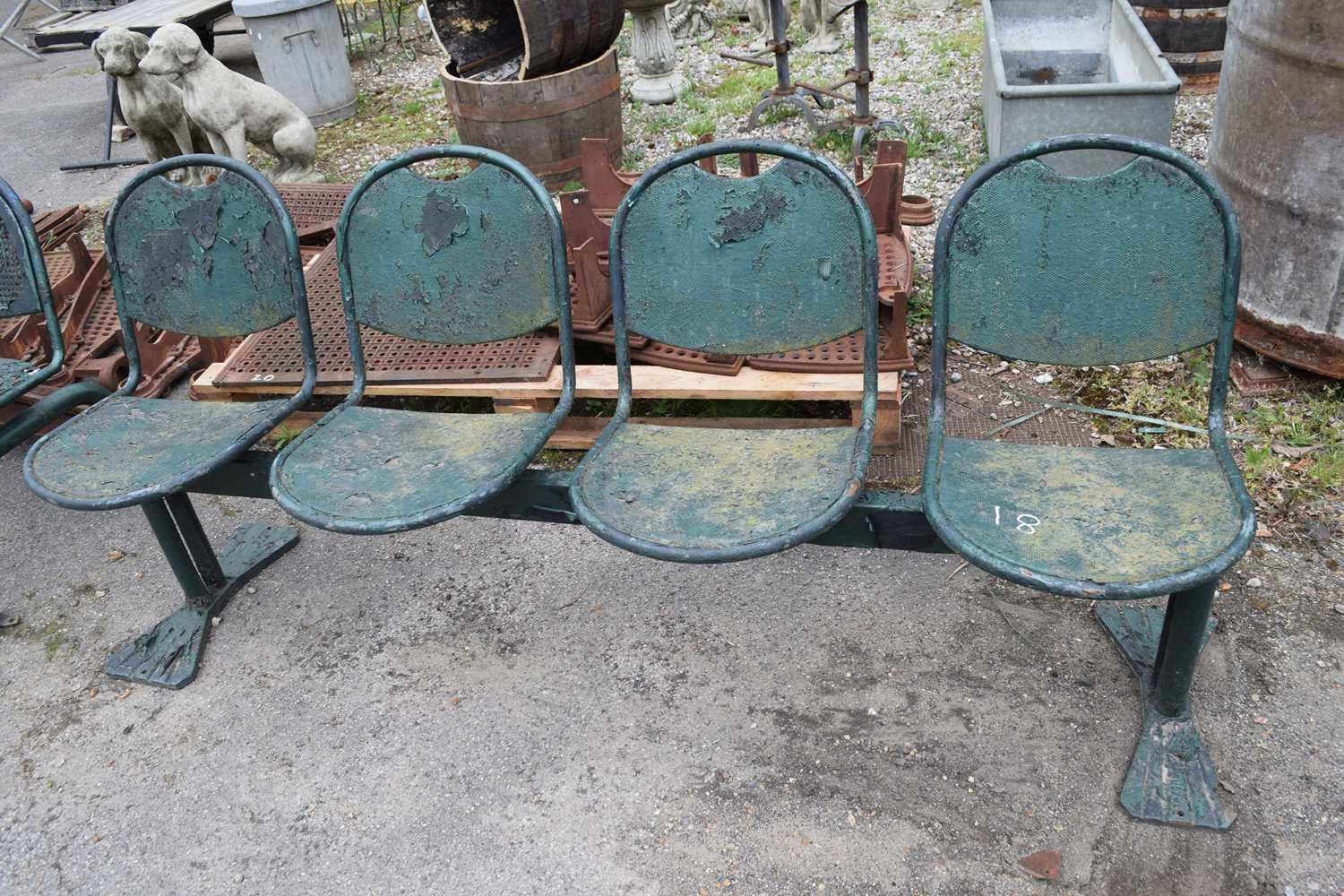 Vintage metal railway bench, width approx 200cm