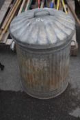 Galvanised bin with lid, height approx 70cm