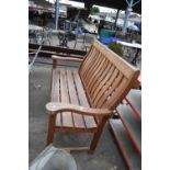 Large teak garden bench, width approx 155cm, height 110cm