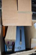 Box of shed clearance items to include bulbs, toolboxes etc