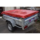 Franc domestic trailer with fitted lights, width approx 170cm, with a roof box, length approx 160cm,