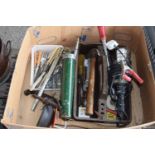 Box of shed clearance items to include hammers, grease guns etc