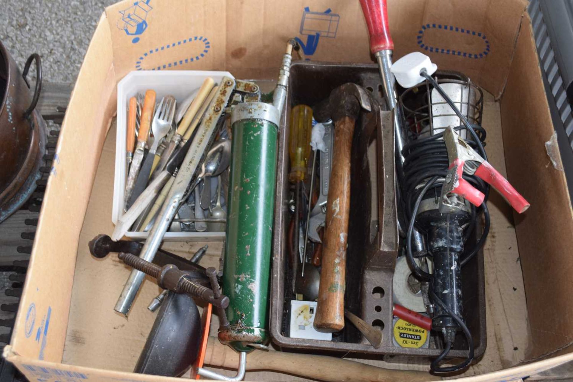 Box of shed clearance items to include hammers, grease guns etc
