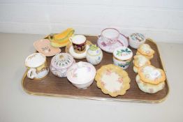 TRAY OF MIXED CHINA WARES TO INCLUDE 19TH CENTURY LUSTRE TEA CUP AND SAUCER, PORCELAIN DRESSING