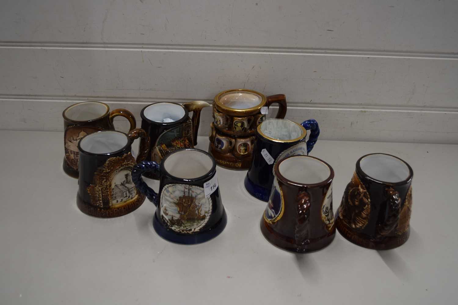 EIGHT VARIOUS GREAT YARMOUTH POTTERY MUGS