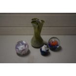 THREE VARIOUS PAPERWEIGHTS AND AN ART GLASS VASE (4)