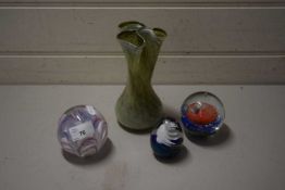 THREE VARIOUS PAPERWEIGHTS AND AN ART GLASS VASE (4)