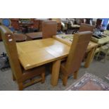 MODERN OAK EXTENDING DINING TABLE AND FOUR LEATHER UPHOLSTERED CHAIRS, TABLE 254CM WHEN EXTENDED