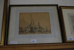 19TH CENTURY SCHOOL, SKETCH OF MOORED BOAT, MARKED 'HASTINGS SKETCHED 1829', F/G, 39CM WIDE