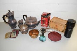 BOX OF MIXED ITEMS TO INCLUDE SILVER PLATED TEA WARES