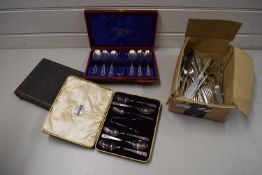 MIXED CASED SILVER PLATED CUTLERY PLUS A BOX OF FURTHER LOOSE