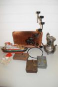 BOX OF VARIOUS MIXED ITEMS TO INCLUDE SILVER PLATED TEA POT, NEPTUNE BATTERY OPERATED TOY BOAT,