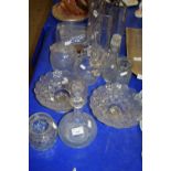 VARIOUS CLEAR GLASS WARES, VASES, TAZZAS, DECANTERS ETC