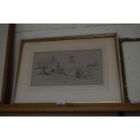 S B CAMPION, (ATTRIBUTED), STUDY OF FIGURES ON A COUNTRY ROAD WITH DISTANT MILL, FRAMED