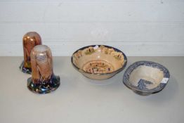 TWO IRIDESCENT GLASS LIGHT SHADES AND TWO DECORATED BOWLS (4)