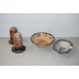 TWO IRIDESCENT GLASS LIGHT SHADES AND TWO DECORATED BOWLS (4)