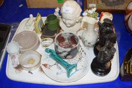 TRAY OF MIXED CHINA WARES, SPELTER FIGURES ETC