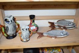 TWO TONY WOOD OWL FORMED JUGS, AN 'OLD TUPTON' WARE VASE AND THREE FISH FORMED PLATES (6)