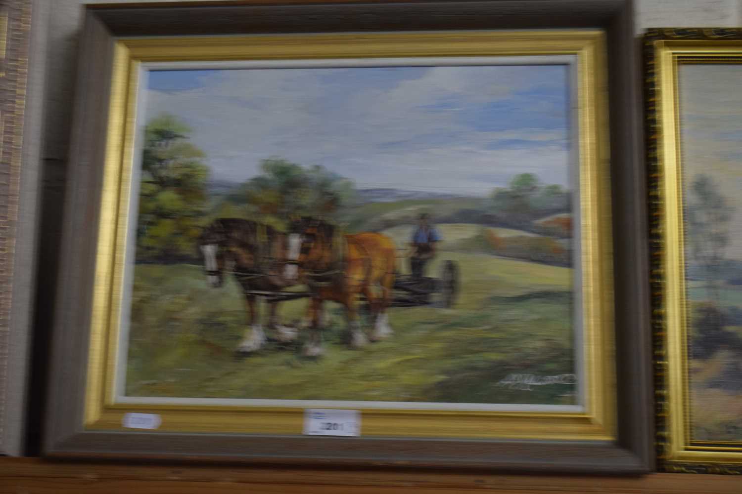 S J NEWSOME, STUDY OF PAIR OF HEAVY HORSES, OIL ON BOARD, TOGETHER WITH A FURTHER STUDY OF A HARVEST
