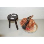 SMALL MILKING STOOL, CARNIVAL GLASS DISH AND OTHER ITEMS
