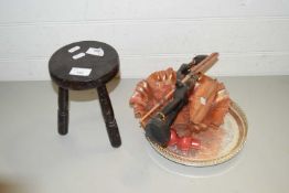 SMALL MILKING STOOL, CARNIVAL GLASS DISH AND OTHER ITEMS
