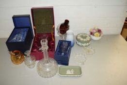 BOX OF MIXED ITEMS TO INCLUDE VARIOUS CASED GLASS WARES, WEDGWOOD JASPERWARES ETC