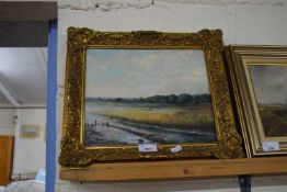 ALFRED SAUNDERS, 'AUTUMN REED BEDS', OIL ON BOARD, GILT FRAME, 38CM WIDE