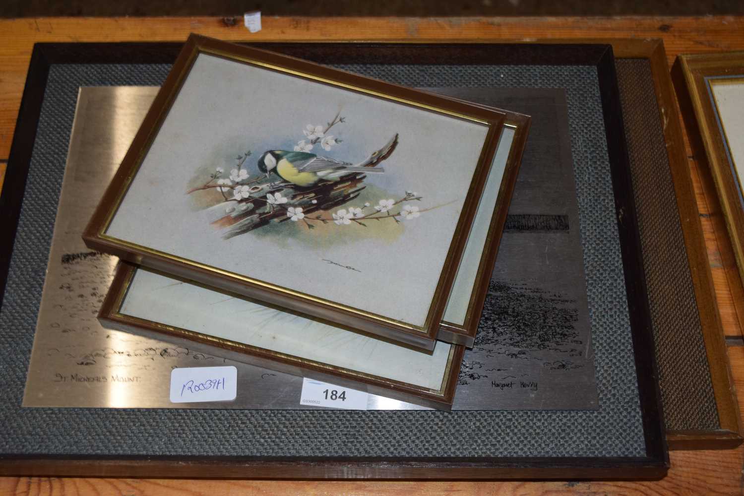TWO STEEL PICTURES TOGETHER WITH THREE FRAMED PRINTS OF BIRDS