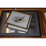 TWO STEEL PICTURES TOGETHER WITH THREE FRAMED PRINTS OF BIRDS