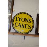 VINTAGE ENAMEL SIGN ADVERTISING 'LYONS CAKES', 43CM DIAM