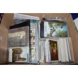 BOX OF VARIOUS POSTCARDS AND CIGARETTE CARDS ETC