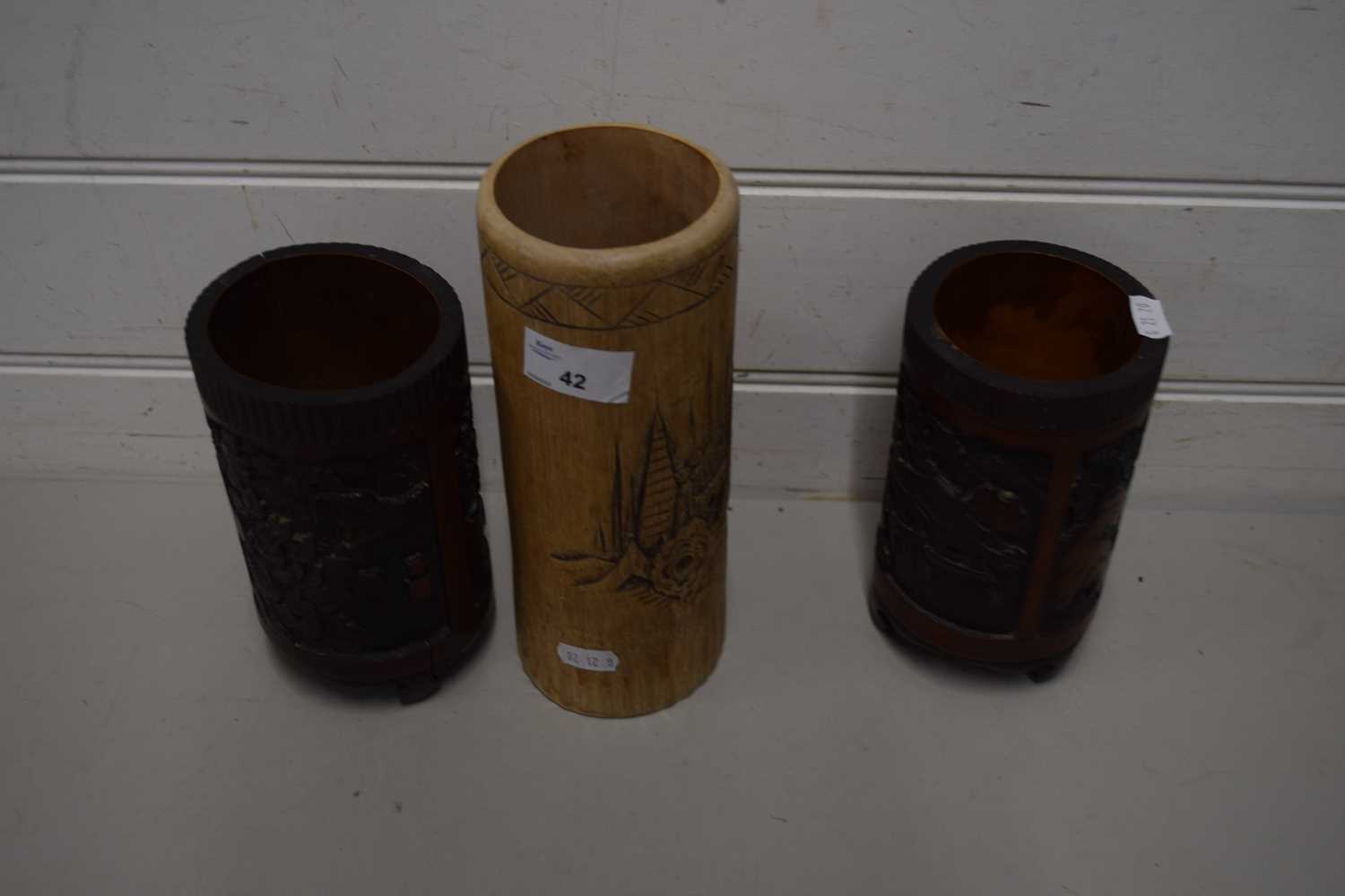 THREE CHINESE CARVED BAMBOO BRUSH POTS OR VASES