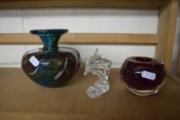 MDINA ART GLASS VASE, FURTHER ART GLASS VASE AND A CRYSTAL MODEL DOLPHIN (3)