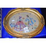 OVAL NEEDLEWORK PICTURE IN GILT FRAME